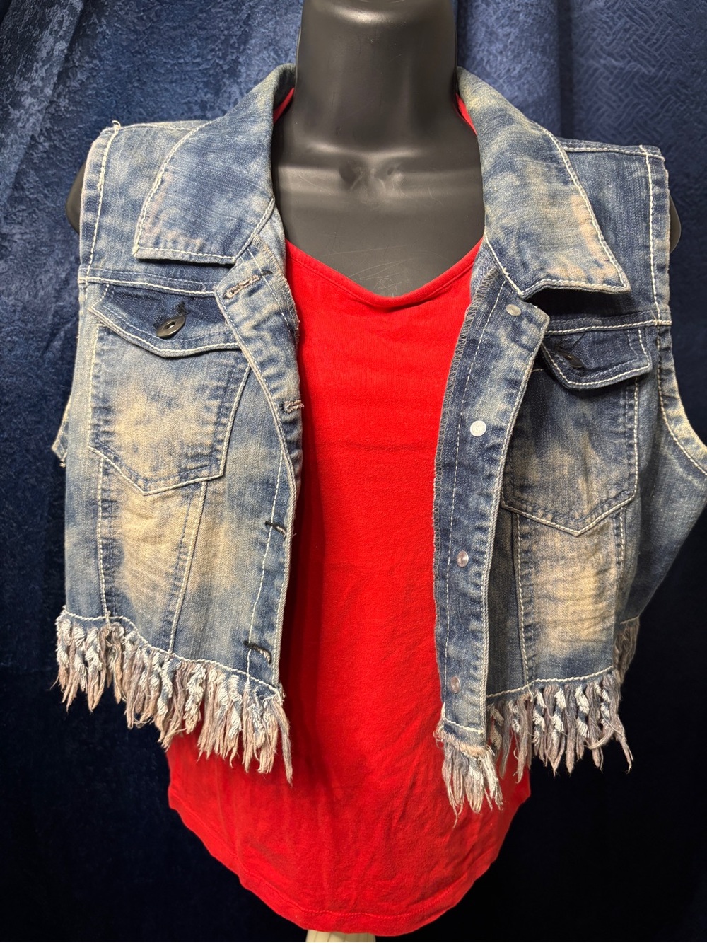 Fringed Distressed Denim Vest - Blue